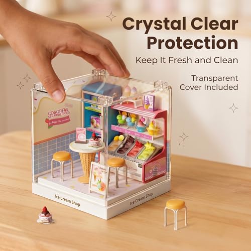 Ice Cream Shop Super Miniature House Kit - DIY Plastic 3D Model Building Set for Adults & Teens, Build Your Own Sweets Dessert Shop with Dustproof Case, Creative Craft Gift for Girls Women - color: Ice Cream Shop, size: Small