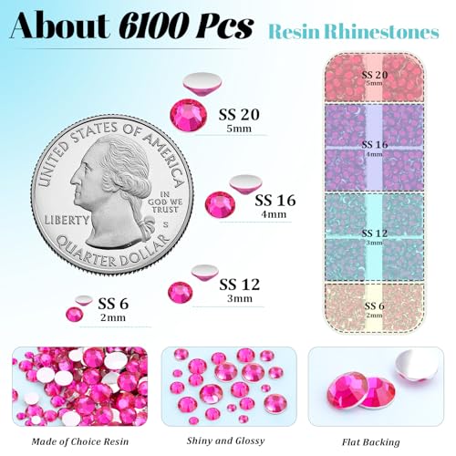 6100Pcs Resin Rhinestones for Crafting with 2Pcs 10ml B7000 Jewelry Glue, 1 Box Flatback Crystals Diamond (Hot Pink) for Bedazzling Crafts DIY Nail Art Non Hotfix Gems for Clothing Shoes - color: Hot Pink, size: 1 Small Pack + 2Pc Glue