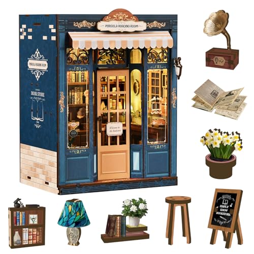 Book Nook Kit, DIY Miniature House Kit for Adults & Teens, Vintage Bookstore Scene Bookshelf Insert Decor with LED, 3D Wooden Puzzle Gift for Book Lovers (Pergola Reading Room) - style: Pergola Reading Room