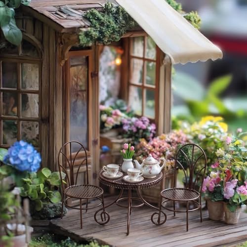 Miniature Bistro Table and Chair Set with Tulip Pot, Brown - color: Brown
