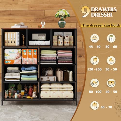 WLIVE Tall Dresser for Bedroom, 9 Drawer Dresser, Black and Rustic Brown - color: Black and Rustic Brown