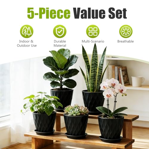 8 Inch Plastic Plant Pots,Set of 5 Flower Pots,Planters with Drainage Holes & Saucers, Indoor Outdoor Garden Pots for Home Decor (Black) - color: Black