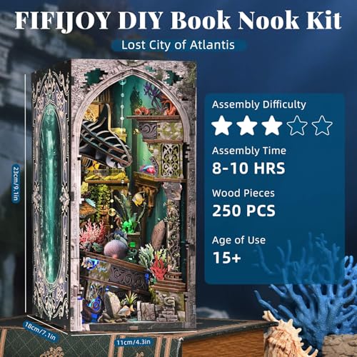 fifijoy Book Nook Kit - DIY Miniature Dollhouse for Adults and Teens, Creative Bookshelf Decor 3D Wooden Puzzle Bookend with LED Light, Unique Gift for Family and Friends (Lost City of Atlantis) - color: Lost City of Atlantis
