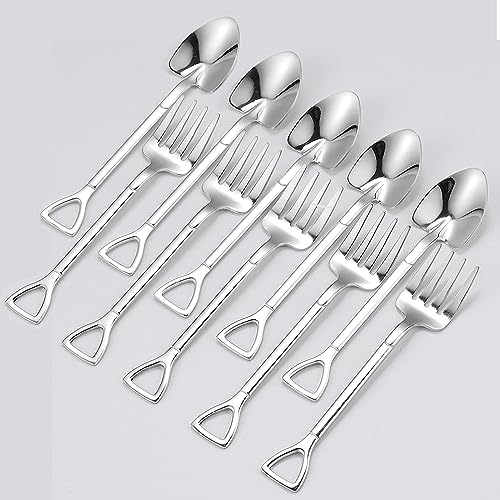 Comicf 10 Pcs 4.7 Inches Coffee Spoon Fork, Silver Shovel Shape Dessert Coffee Small Spoon Cocktail Picks Fruit Fork Flatware, Stainless Steel Tea Spoons Set (5 Spoons 5 Forks, Silver) - color: 10 Pcs Silver (5 Spoons+5 Forks), size: 10 Pcs