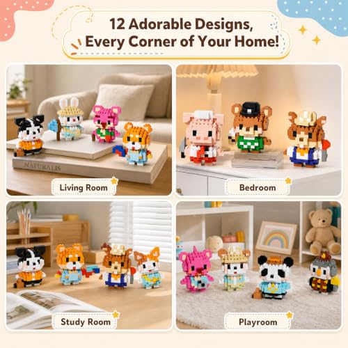 Mini Micro Animal Building Blocks Set, 12 Collectible Mini Animals, DIY Desk Display Ornaments, Stress Relief Craft Model, Handmade Gift for Building Enthusiasts - color: Pastel