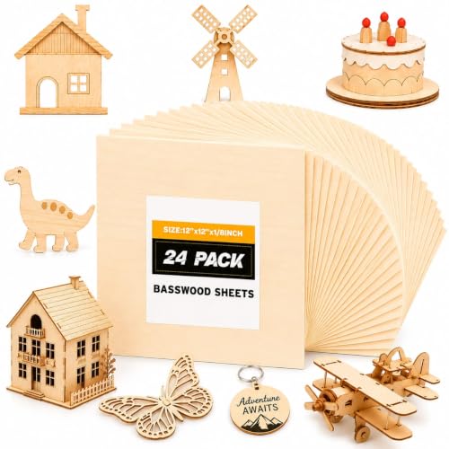 Basswood Sheets 12x12 in, 1/8 Inch Thick 24 Pack Unfinished Square Wood Boards for Laser Cutting, Wood Burning, Engraving, Painting, DIY Crafts, Model Making, CNC, and Architectural Projects