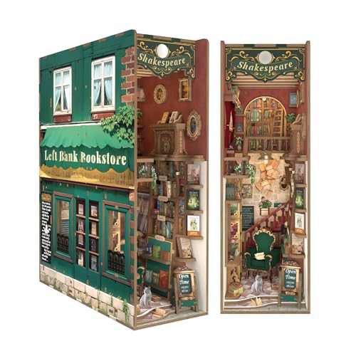 Tonecheer DIY Book Nook Kit for Adults, 3D Wooden Puzzle Bookend Bookshelf Insert Library Bookstore Model Decor, Booknook Miniature Dollhouse with Sensor LED Light for Gifts (Left Bank Bookstore) - color: Left Bank Bookstore