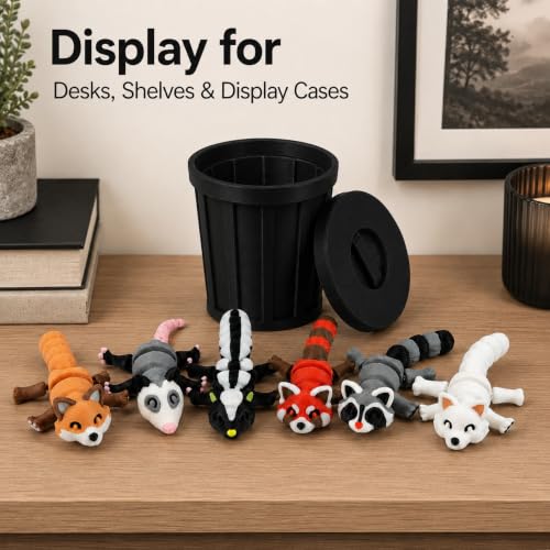3D-Printed Woodland Animal Figurines, 8-Piece Articulated Raccoon, Fox, Skunk, Opossum, Red Panda and Arctic Fox Set with Black Trash Can - color: Black