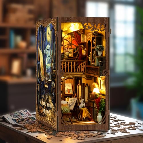 Book Nook Kit, 3D Wooden Puzzles for Adults, DIY Miniature House Kit for Adults, Booknook with LED Light, Gifts for Family, Friends and Book Lovers, Bookshelf Decor(World in a Frame) - color: World in a Frame