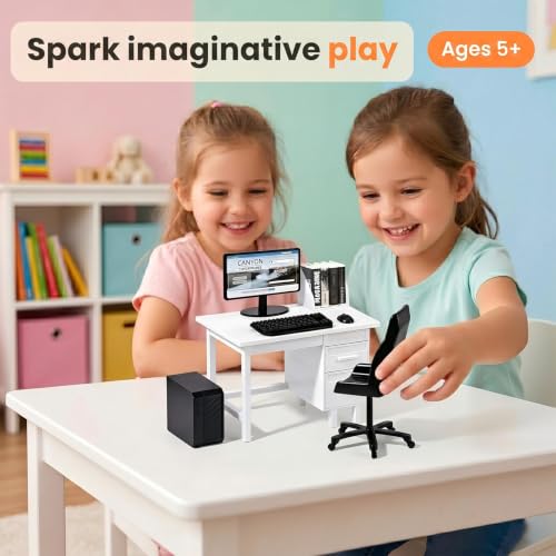 1:12 Scale Miniature Computer Desk & Chair Set – Dollhouse Office Furniture with Opening Drawers, Monitor, Keyboard, Mouse, PC Tower & Office Chair – Mini Workstation for Diorama, Roombox & Collectors - color: White Desk