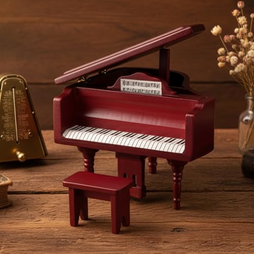 Miniature Piano for Dollhouse Furniture Upright Grand Piano with Stool Instrument 1 12 Ornament Artificial House Scene Accessories Desktop Decoration (Red) - style: Red