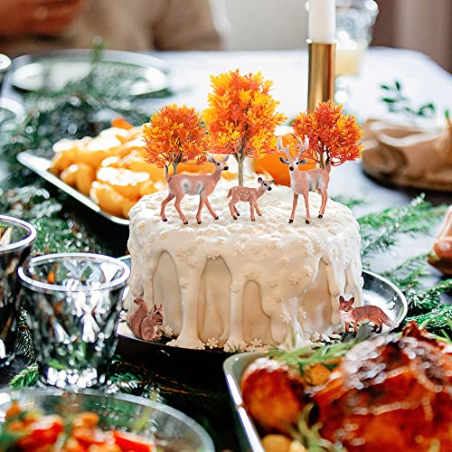 10Pcs Woodland Animals Figures Model Trees Kit, 5Pcs Forest Artificial Animal Deers 5Pcs Mixed Miniature Maple Trees for Birthday Cake Toppers Miniature Landscape Scenes