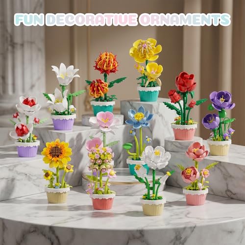 Flower Building Blocks, 12 PCS Assorted Mini Flower Pot Building Set, Artificial Flowers Botanical Collection for Home Decor, Birthday Gifts for Adults & Collectors - color: Rainbow