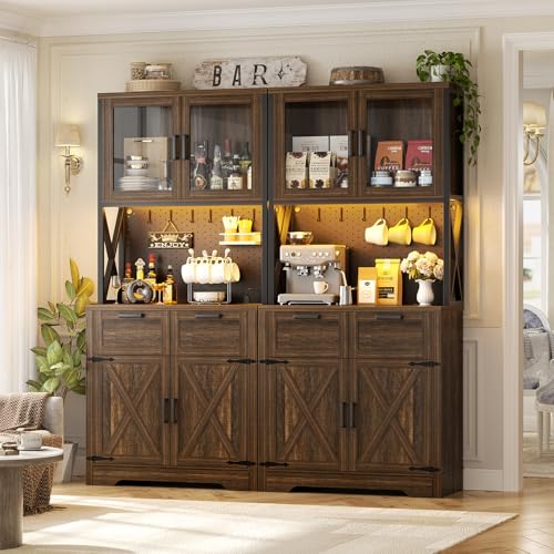 Unikito 71" Kitchen Pantry Cabinet with LED Light & Outlet, Microwave Stand - color: Weathered Brown, size: 32 Inch