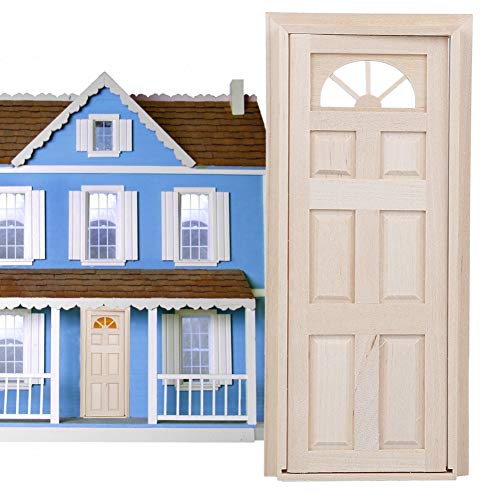 Miniature Dolls House Front Door Wooden Door Window Frame Toy Accessory, Quality Birch Material, DIY Craft Decor for Dollhouse (Six-Frame Door)