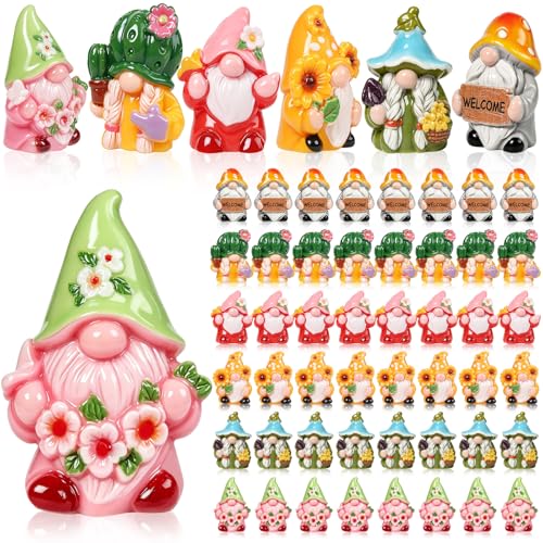 60 Pcs Spring Mini Gnomes Figurines 6 Style Spring Miniature Resin Gnome Decorations with Sunflower Cactus Flowers for Fairy Garden Landscape Aquarium Tiered Tray Home Dollhouse Desk Decor - color: Spring