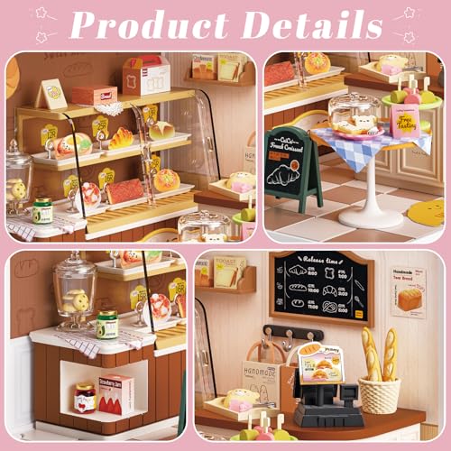 Bread Shop Miniature House Kit with LED Light, 87 Pcs DIY Mini Dollhouse with Roof & Dust Covers for Mini Figures Tiny House Toy for Adults - color: Bread Shop