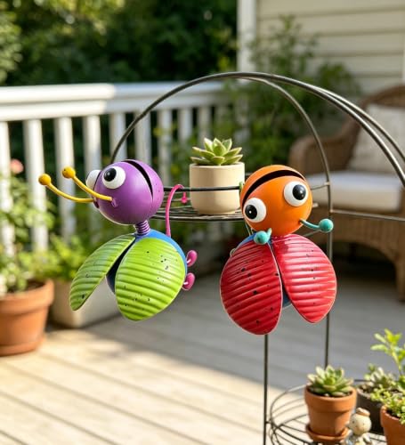 2 Pcs Outdoor Statues Metal Yard Art Flower Pot Hugger - color: 2 Pack Ladybugs