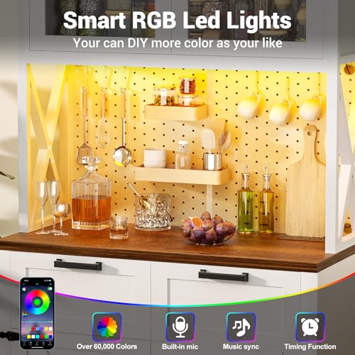 Unikito 71" Kitchen Pantry Cabinet with LED Light & Outlet, Microwave Stand - color: White+rusitc, size: 32 Inch