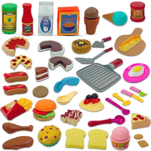 50 PCS Kids Deluxe Pretend Play Food Set with Kitchen Tools, Breakfast, Fast Food, Ice Cream & Desserts - Fun & Interactive Gourmet Toy Assortment Playset for Imaginative Play - style: 50 Pieces