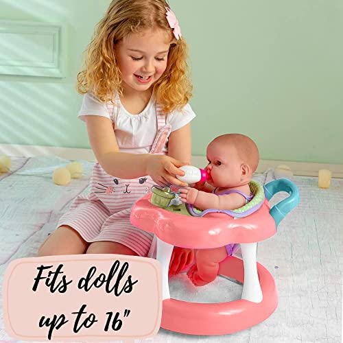 JC Toys - For Keeps Playtime! | Baby Doll Walker Gift Set | Fits Dolls up to 17" | Cloth Seat for easy use and Play Accessories | Ages 2+ - color: Pink Walker Set