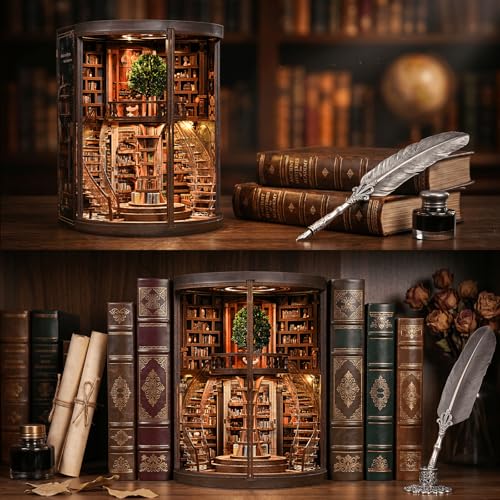 fifijoy DIY Book Nook Kit for Adults - 3D Wooden Puzzle Miniature House Kit with LED Light, Miniature Dollhouse Library Bookshelf Insert Decor, Creative Gift for Family, Friends (Wisdom Rings) - color: Wisdom Rings