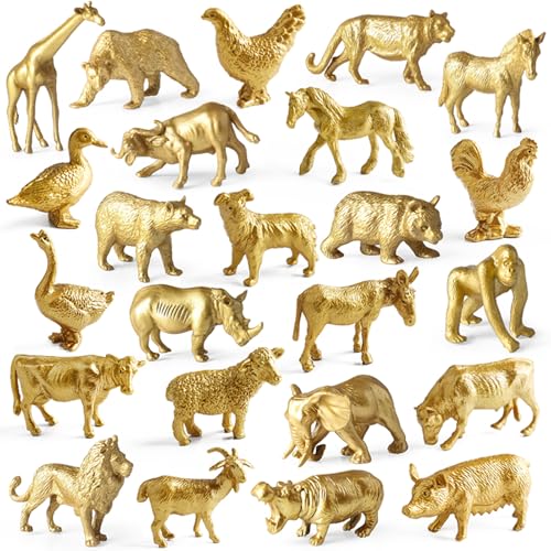 24pcs Gold Animal Figurines Toys, Plastic Safari & Farm Animals Figures, Miniature Zoo Jungle Animals for Cake Toppers Birthday Gift Party Decoration