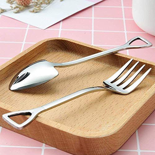 Comicf 10 Pcs 4.7 Inches Coffee Spoon Fork, Silver Shovel Shape Dessert Coffee Small Spoon Cocktail Picks Fruit Fork Flatware, Stainless Steel Tea Spoons Set (5 Spoons 5 Forks, Silver) - color: 10 Pcs Silver (5 Spoons+5 Forks), size: 10 Pcs