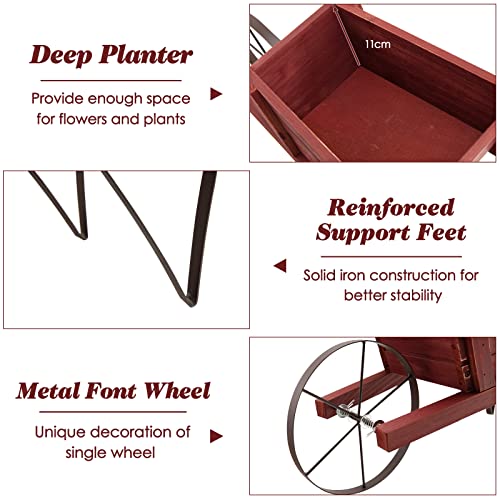 S AFSTAR Wood Wheelbarrow Planter, Flower Plant Pot Wheelbarrow Cart w/Metal Wheel & 9 Replaceable Magnet Accessories, Wooden Wagon Planter Wheelbarrow Decor for Outdoor Garden Backyard (Red) - color: Red