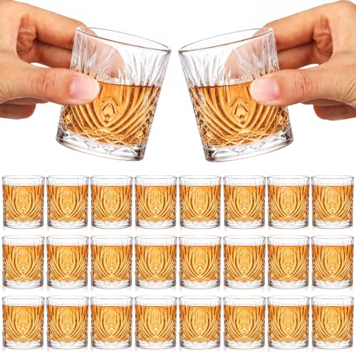 Meanplan 24 Pcs Mini Whiskey Tasting Set - 3.4oz Heavy Base Crystal Rocks Glasses - Vintage Engraved Small Bourbon & Whiskey Tasters for Bar, Parties, and Flight Samplings(Feather Embossed) - style: Feather Embossed