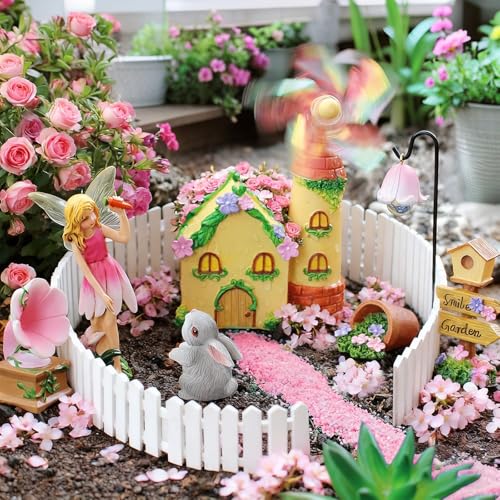 DONABELA Fairy Garden Kit Pink Mini Windmill House Decor Set Rabbit Flower Pot Supplies Signpost CD Player Resin Figurines Accessories Gift Indoor Outdoor Yard - style: Windmill house