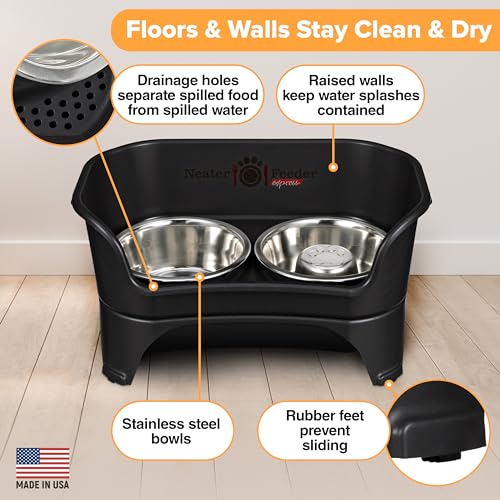 Neater Feeder - Express Model w/ Slow Feed Bowl - Mess-Proof Dog Bowls (M/L, Black) Made in USA – Elevated, No Spill, Non-Tip, Non-Slip, Raised Stainless Steel Food/Water Pet Bowls Aid Digestion - color: Midnight Black, size: Medium to Large w/ Metal Slow