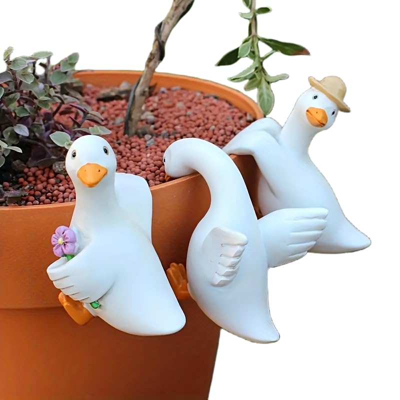 3 PCS White Goose Statues Pot Hugger Decorations for Plant, Miniature Duck Garden Decor Outdoor Women Gifts Figurines Plant Hangers Decor for Flower,Yard,Lawn Ornaments (White) - color: White