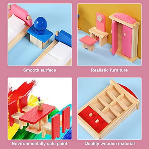 Sumind 35 Pcs Wooden Dollhouse Furniture with 8 Family Figures, Montessori Educational Wood Dolls House Accessories for 1:12 Scale, Preschool Imaginative Play Kit for Girls and Boys - style: Classic Style