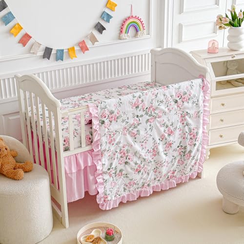 3 Pieces Pink Rose Flowers Mini Crib Bedding Set Baby Ruffled Quilted Comforter with Fitted Sheet and Bed Skirt - Cute Ruffled Shabby Chic Baby Girls Bedding Soft Blanket Floral Design - color: Rose Flower, size: 3 Pieces Mini Crib