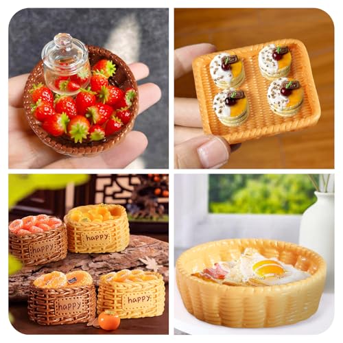 FASHEWELRY 24Pcs Mini Rattan Basket Dollhouse Accessories Resin Kitchen Tableware Miniature Display Rattan Decorative Model for Micro Landscape Decoration Garden Home Party Decor - color: 3 Colors-rattan Basket