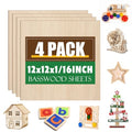 4 Pack Basswood Sheets 1/16x12x12 Inch,1/16 Basswood for Laser Cutting & Engraving, Thin Wooden Sheets, Unfinished Wood for Crafts, Plywood Sheets for Models Making, Wood Burning and Painting. - size: 4P 12x12x1/16in
