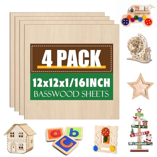 4 Pack Basswood Sheets 1/16x12x12 Inch,1/16 Basswood for Laser Cutting & Engraving, Thin Wooden Sheets, Unfinished Wood for Crafts, Plywood Sheets for Models Making, Wood Burning and Painting. - size: 4P 12x12x1/16in