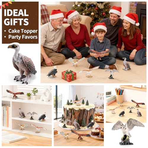 6PCS 6" Large Birds of Prey Animal Figurines,Include Hawk,Eagle,Owl,Falcon & Vulture Figures,Solid Plastic Zoo Animal Models Toys, Birthday Gift Cake Toppers Party Favors for Boys Girls - style: Realistic