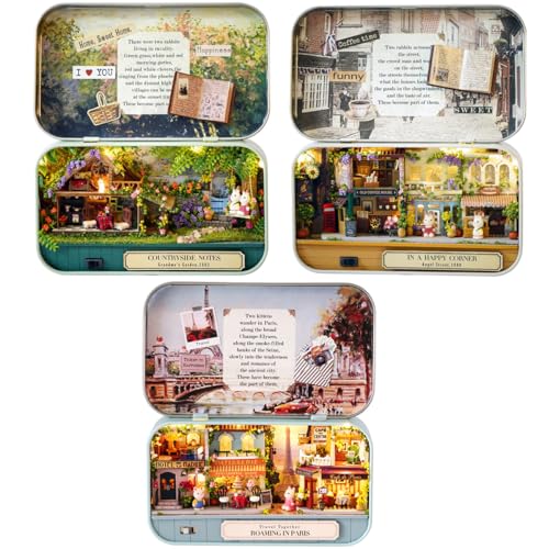 MAGQOO 3D Wooden Dollhouse Miniature DIY Doll House Kit with Furniture,1:100 DIY Box Theater Kit Pack of 3 - color: Q-004/005/012