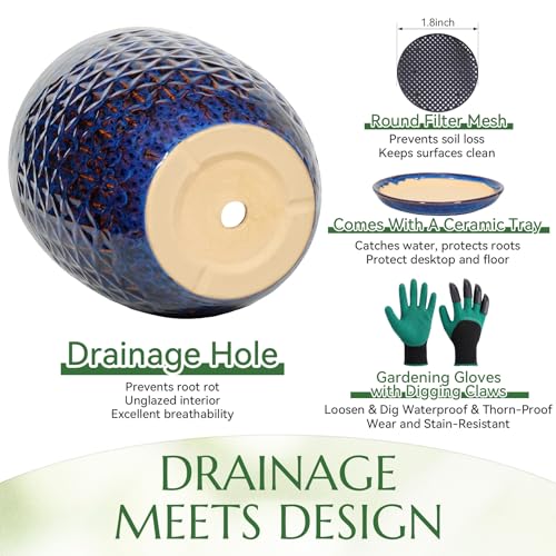9.5 Inch Flower Pots for Indoor Plants,Ceramic Planter with Saucer Drainage Leak-Proof Mesh Gardening Gloves (Peacock-Blue) - color: Peacock-blue, size: 9.5 Inch