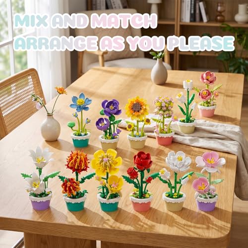 Flower Building Blocks, 12 PCS Assorted Mini Flower Pot Building Set, Artificial Flowers Botanical Collection for Home Decor, Birthday Gifts for Adults & Collectors - color: Rainbow