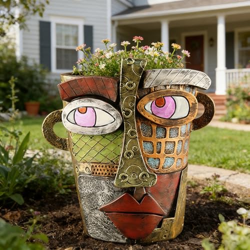 Picasso Abstract Resin Flower Pots Colorful Unique Face Planters Pots Head - color: Retro Face