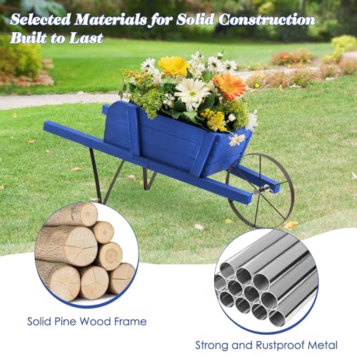 S AFSTAR Wood Wheelbarrow Planter, Small Flower Plant Pot Wheelbarrow Cart with Metal Wheel & 9 Replaceable Magnet Accessories, Wooden Wagon Planter Wheelbarrow for Outdoor Garden Backyard (Blue) - color: Blue