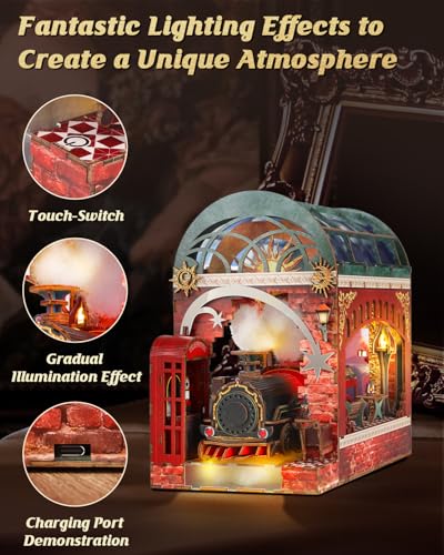 3D Wooden Puzzle for Adult, 3D Puzzle DIY Miniature House Kit for Adult, Booknook with LED Light, 3D Wood Puzzle Gifts for Family, Friend, Bookshelf Decor (The Enchanted Express) - color: The Enchanted Express