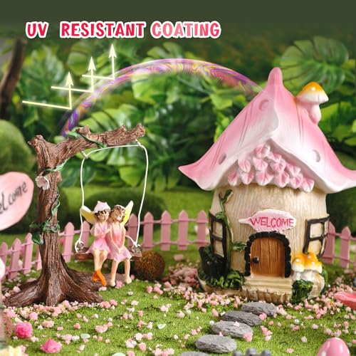DONABELA Fairy Garden Decor Kit Pink Resin Miniature House Figurines Set Swing Directional Sign Bird Drinking Pool Fence Little Mushroom Outdoor Tiny Accessories Supplies - style: Petal house