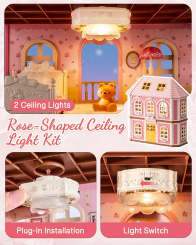 Rolife Dollhouse with LED Light, Haley Island Fairy Rose Dollhouse with 14 Pcs Furniture Accessories, 1:12 Fairy House Building Kit 3 Storey Family Style Pink DIY Crafts Toys Gift for Girls