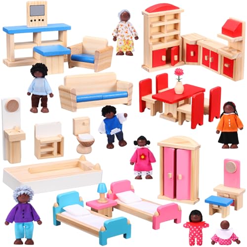 Sumind 35 Pcs Wooden Dollhouse Furniture and 8 African American Dolls Set for Inclusive Creative Play Fits Most 1 12 Scale Miniature Houses Easter Gift for Boys Girls - style: African-American Dolls