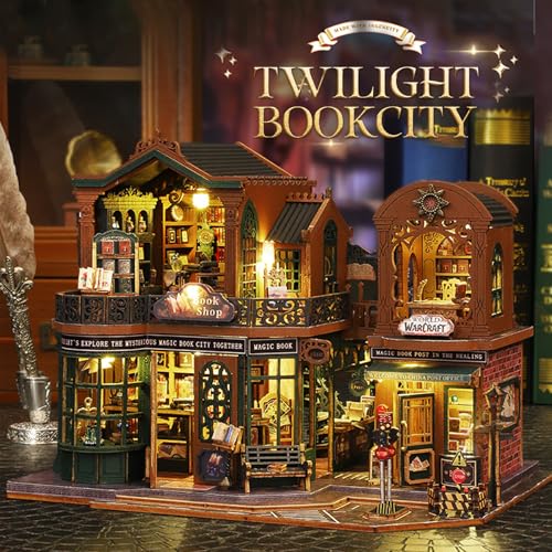 3D Wooden Puzzle for Adult, 3D Puzzle DIY Miniature House Kit for Adult, Booknook with LED Light, 3D Wood Puzzle Gifts for Family, Friend, Bookshelf Decor(Twilight Book City) - color: Twilight Book City