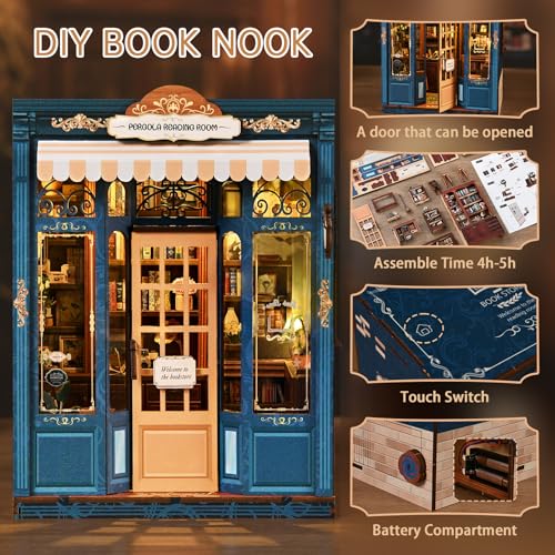 Book Nook Kit, DIY Miniature House Kit for Adults & Teens, Vintage Bookstore Scene Bookshelf Insert Decor with LED, 3D Wooden Puzzle Gift for Book Lovers (Pergola Reading Room) - style: Pergola Reading Room